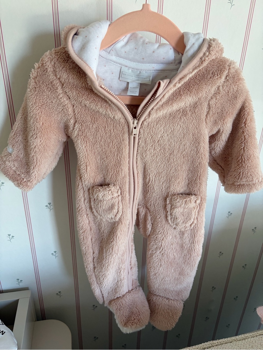 Little White Company Blush Plush Hooded Baby One-Piece with Footies